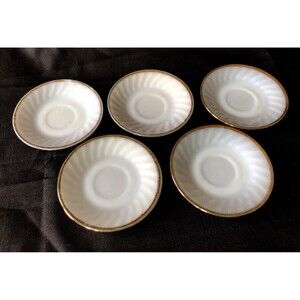 5 Milk Glass Saucers, Swirl Pattern, Golden Anniversary, Anchor Hocking 1950s